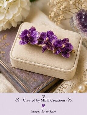 #557 HAND CRAFTED Hair Clip handmade Real Flower Resin Dried Orchids Purple